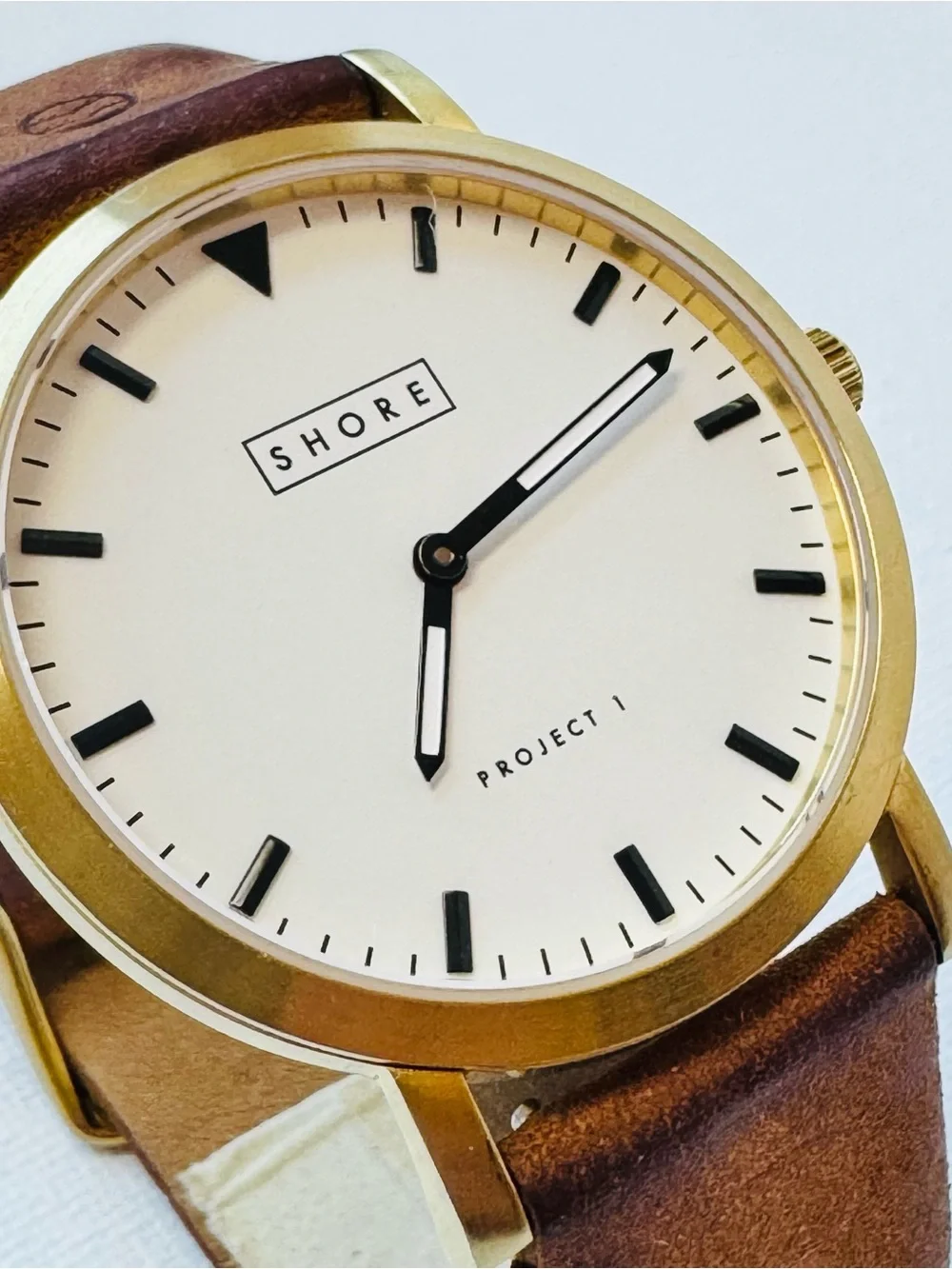 SHORE Projects POOLE Sapphire Crystal 39mm Men's Gold White Watch Brown Leather